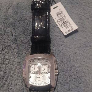 Black and Silver Watch with Crocodile Strap
